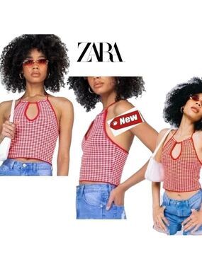 Zara red white printed knit halter crop top Sz M NWT